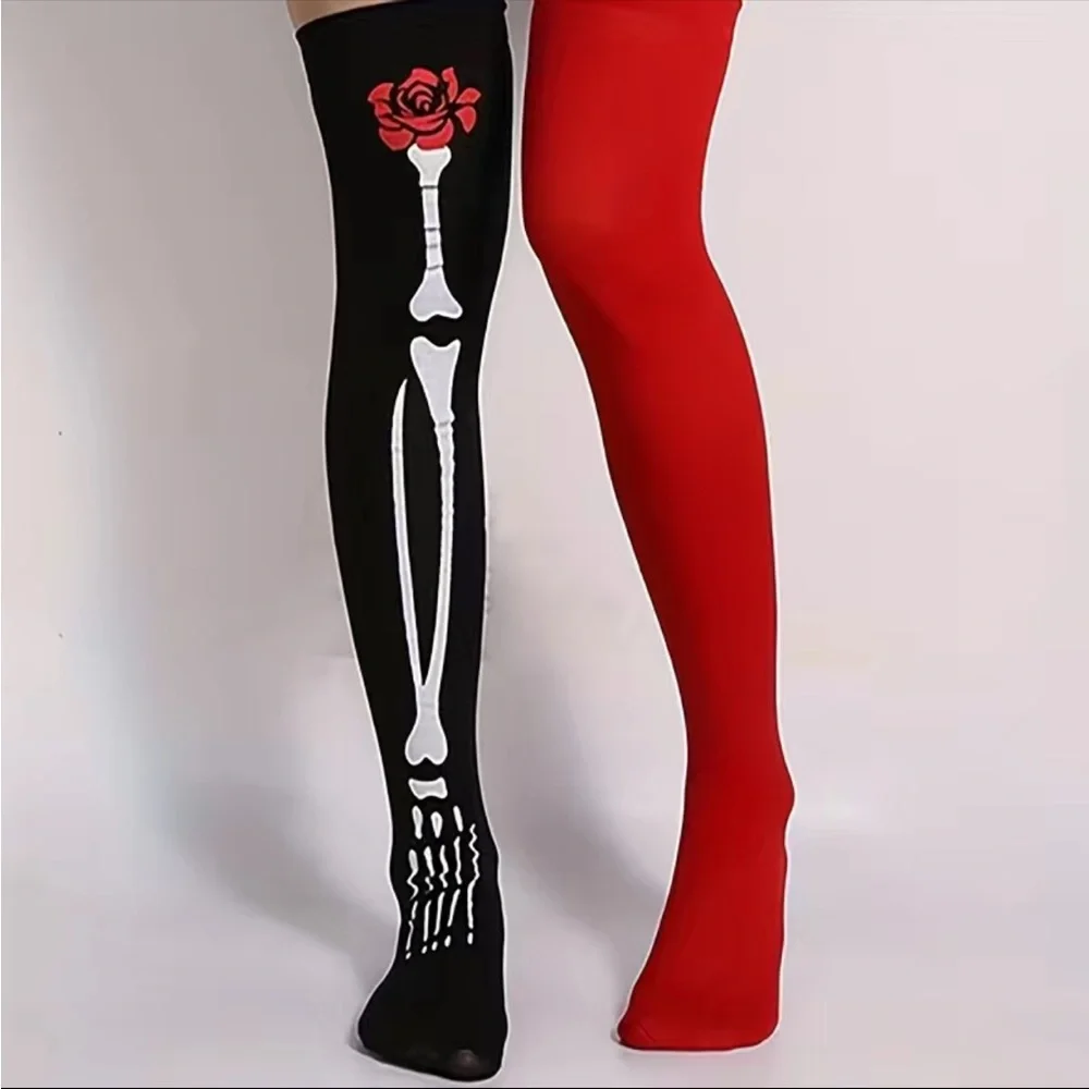 Skeleton Pattern Thigh High Socks, Halloween Cosplay Over The Knee Socks